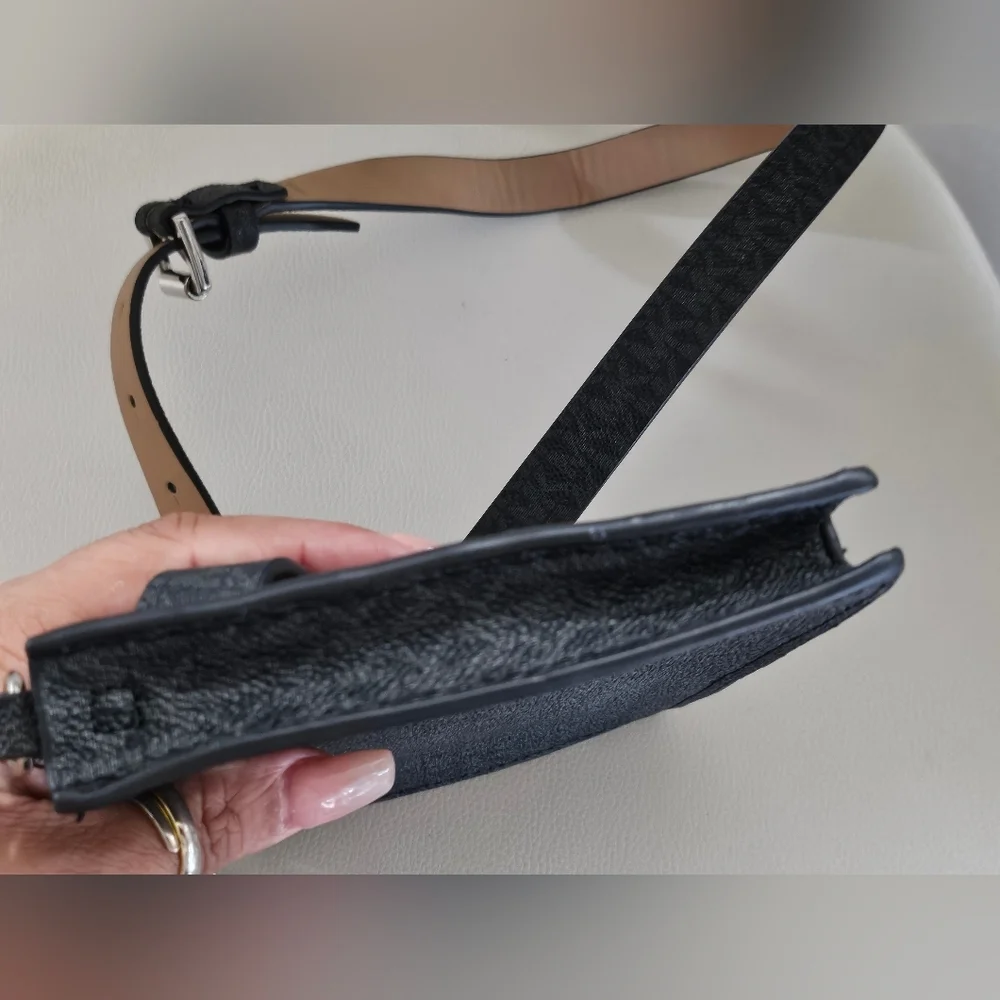 Michael Kors Black MK Logo Fanny Pack Belt Bag Chain Accent Zip Waist Crossbody.